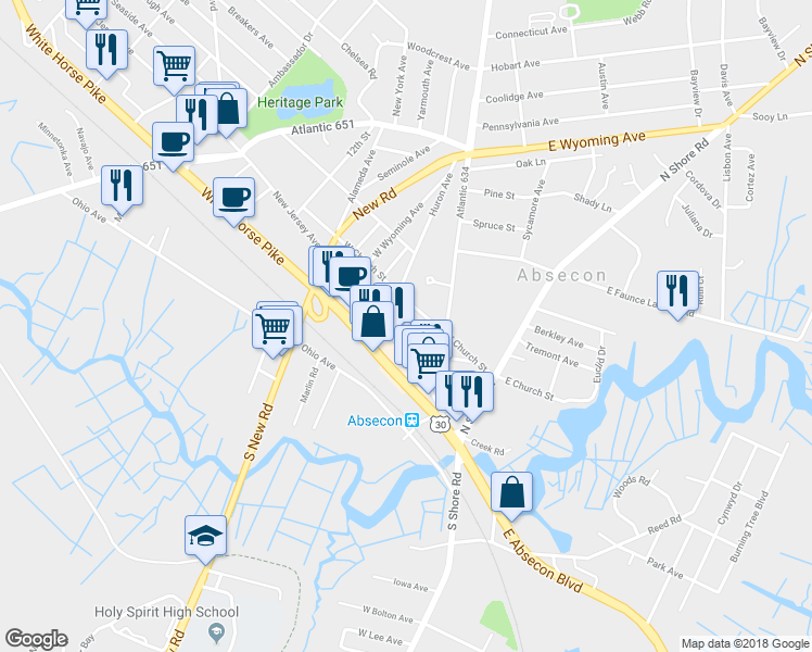 map of restaurants, bars, coffee shops, grocery stores, and more near 98 School Street in Absecon