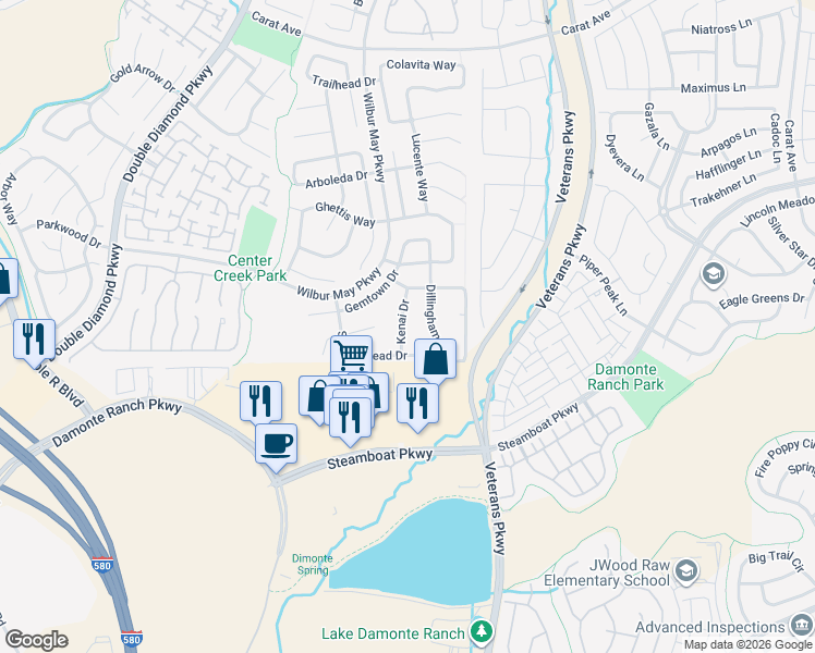 map of restaurants, bars, coffee shops, grocery stores, and more near 10540 Kenai Drive in Reno