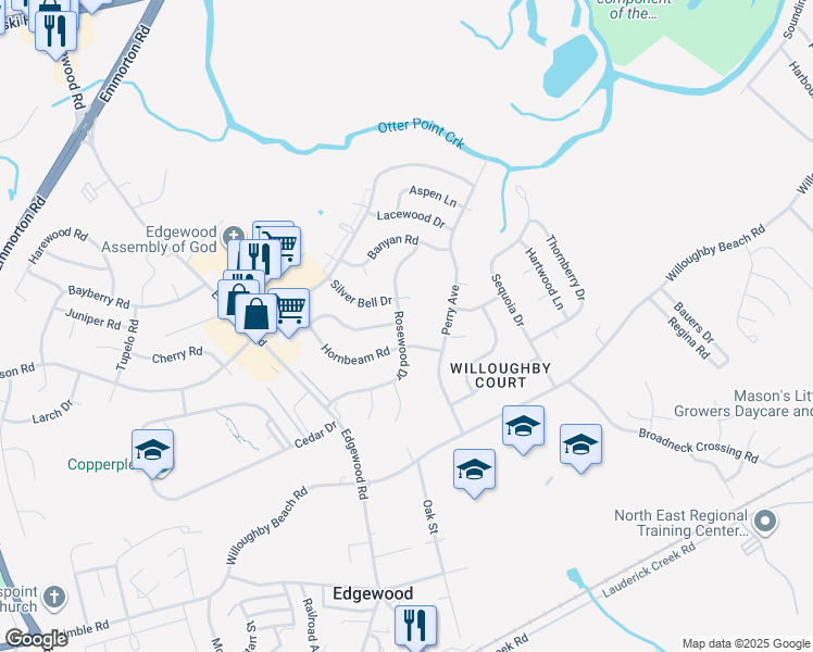map of restaurants, bars, coffee shops, grocery stores, and more near 2305 Rosewood Drive in Edgewood