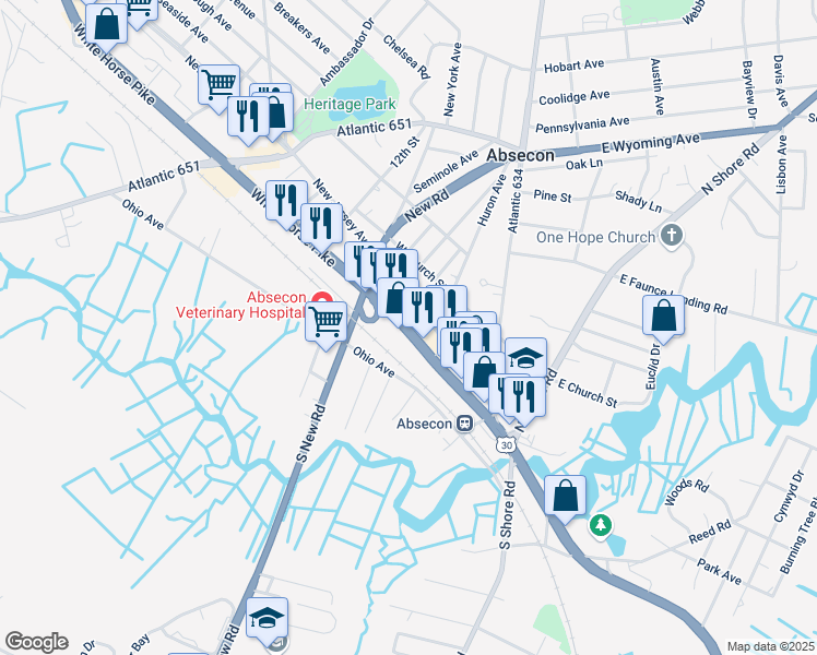 map of restaurants, bars, coffee shops, grocery stores, and more near 252 West Absecon Boulevard in Absecon