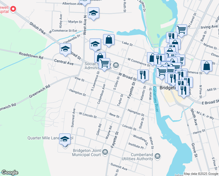 map of restaurants, bars, coffee shops, grocery stores, and more near 159 Vine Street in Bridgeton