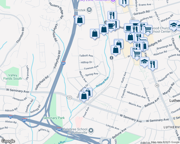 map of restaurants, bars, coffee shops, grocery stores, and more near 505 Towson Avenue in Lutherville-Timonium