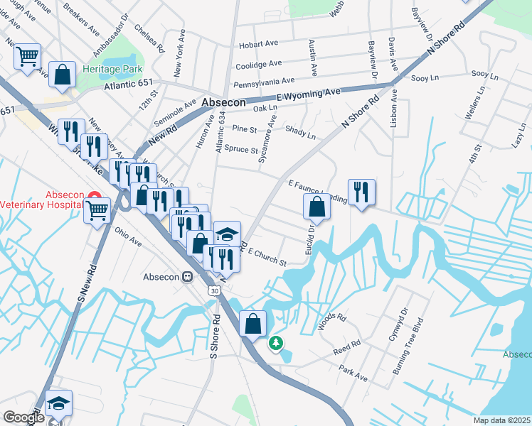 map of restaurants, bars, coffee shops, grocery stores, and more near 137 North Shore Road in Absecon