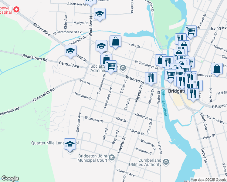 map of restaurants, bars, coffee shops, grocery stores, and more near 167 Vine Street in Bridgeton