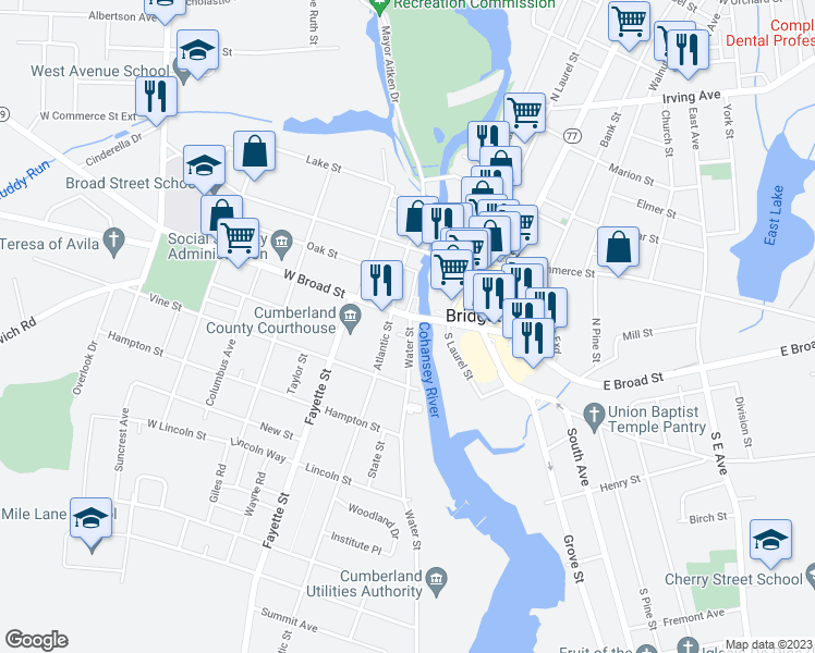 map of restaurants, bars, coffee shops, grocery stores, and more near 8 Water Street in Bridgeton