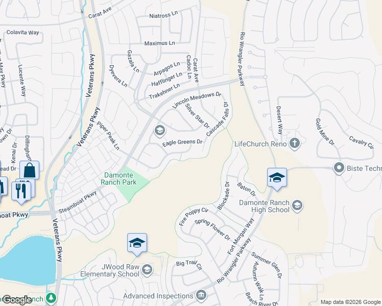 map of restaurants, bars, coffee shops, grocery stores, and more near 2270 Eagle Greens Drive in Reno
