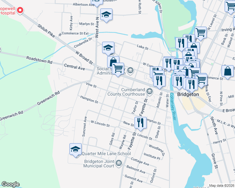 map of restaurants, bars, coffee shops, grocery stores, and more near 207 Vine Street in Bridgeton
