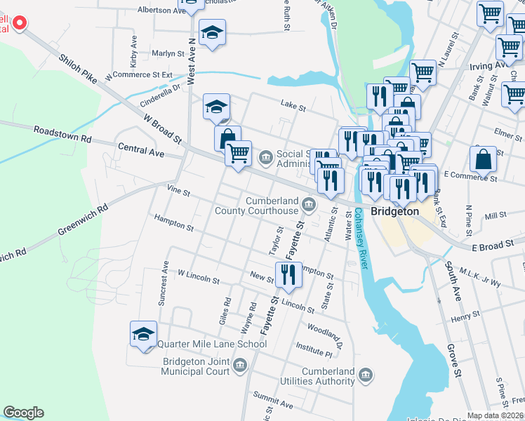 map of restaurants, bars, coffee shops, grocery stores, and more near 24 Academy Street in Bridgeton