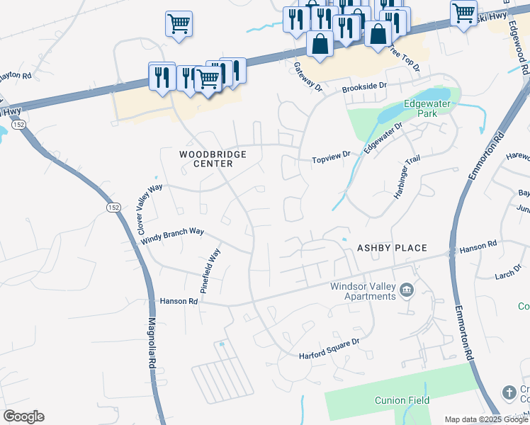 map of restaurants, bars, coffee shops, grocery stores, and more near 1317 Acorn Ridge Court in Edgewood