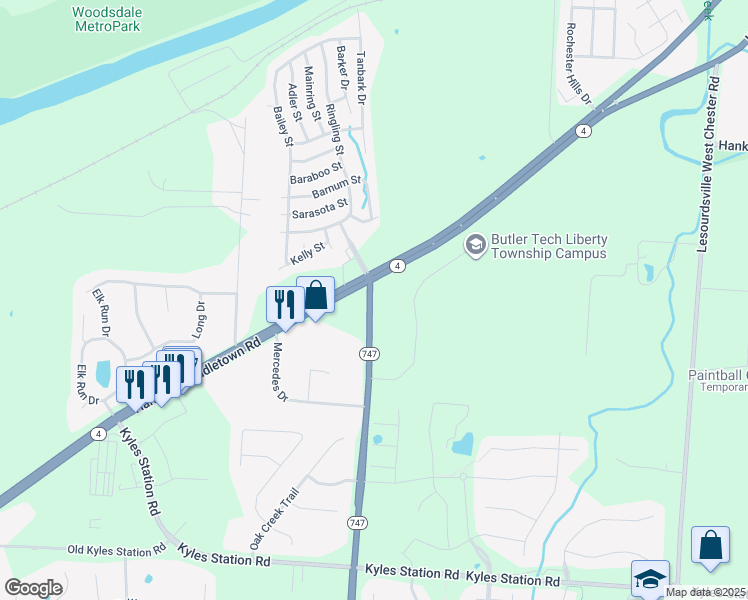 map of restaurants, bars, coffee shops, grocery stores, and more near 5042 Princeton Glendale Road in Butler County