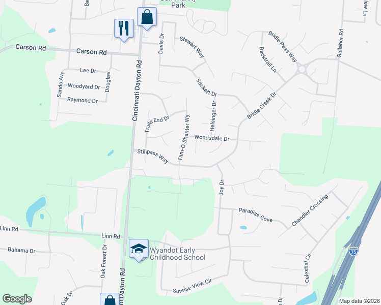 map of restaurants, bars, coffee shops, grocery stores, and more near 950 Tam-O-Shanter Way in Monroe
