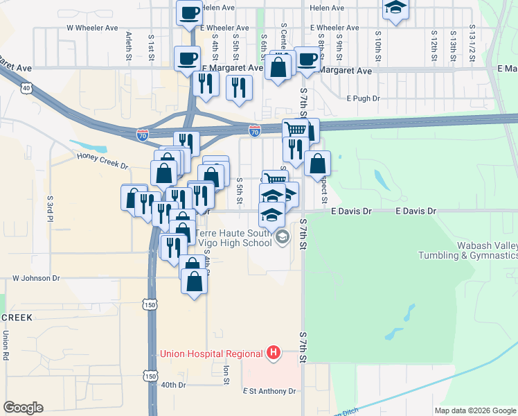 map of restaurants, bars, coffee shops, grocery stores, and more near 3425 South 6th Street in Terre Haute