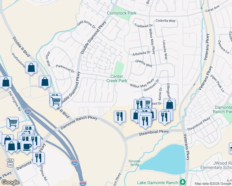 map of restaurants, bars, coffee shops, grocery stores, and more near 10548 Twin Bridges Way in Reno