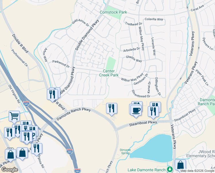 map of restaurants, bars, coffee shops, grocery stores, and more near 10548 Twin Bridges Way in Reno