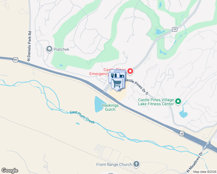 map of restaurants, bars, coffee shops, grocery stores, and more near 870 West Happy Canyon Road in Castle Rock