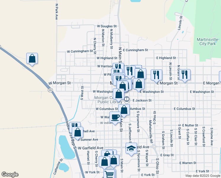 map of restaurants, bars, coffee shops, grocery stores, and more near 110 West Washington Street in Martinsville