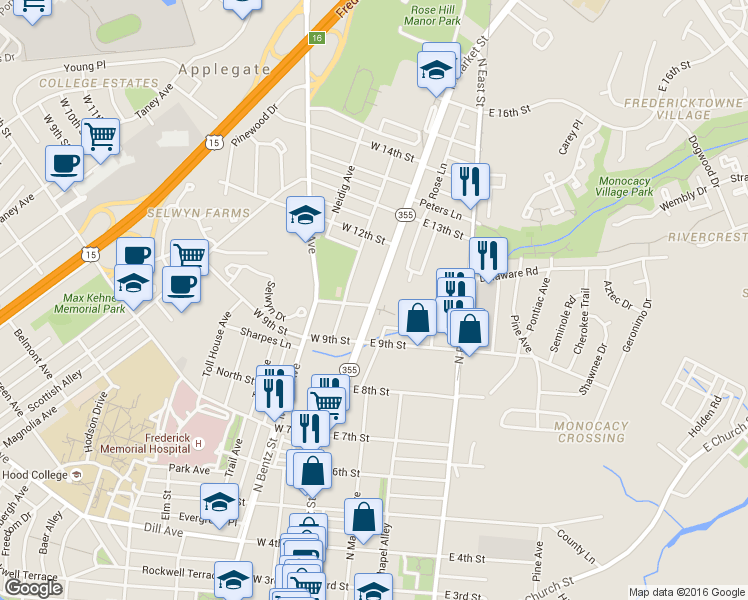 map of restaurants, bars, coffee shops, grocery stores, and more near 1009 North Market Street in Frederick