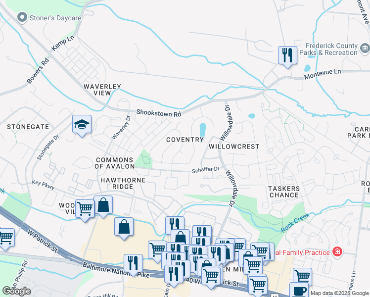 map of restaurants, bars, coffee shops, grocery stores, and more near 216 Bishops Glen Drive in Frederick