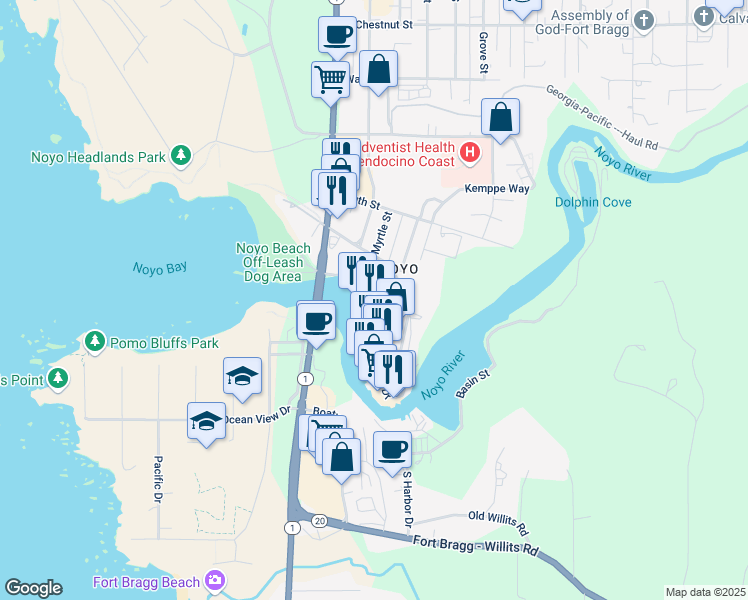 map of restaurants, bars, coffee shops, grocery stores, and more near 32200 North Harbor Drive in Fort Bragg
