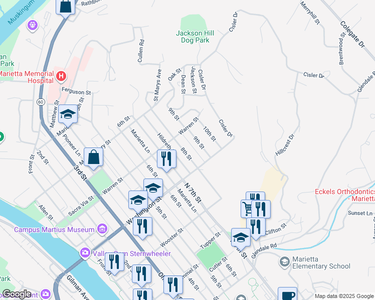 map of restaurants, bars, coffee shops, grocery stores, and more near 627 8th Street in Marietta