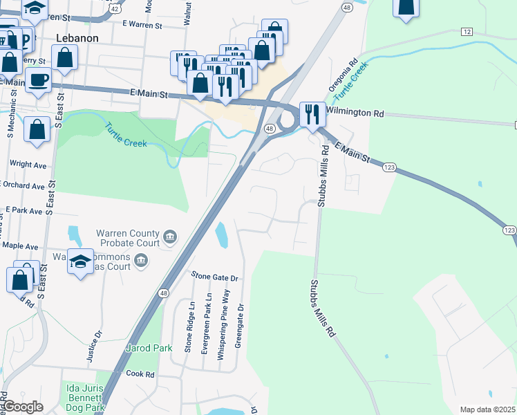 map of restaurants, bars, coffee shops, grocery stores, and more near 538 Lookout Ridge Drive in Lebanon