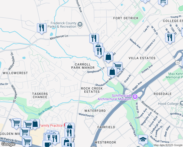 map of restaurants, bars, coffee shops, grocery stores, and more near 306 Baughmans Lane in Frederick