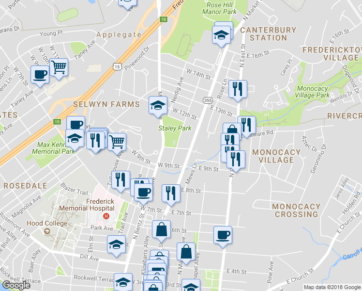 map of restaurants, bars, coffee shops, grocery stores, and more near 1 West 10th Street in Frederick