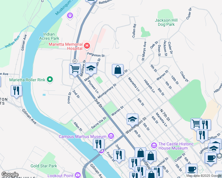 map of restaurants, bars, coffee shops, grocery stores, and more near 734 5th Street in Marietta