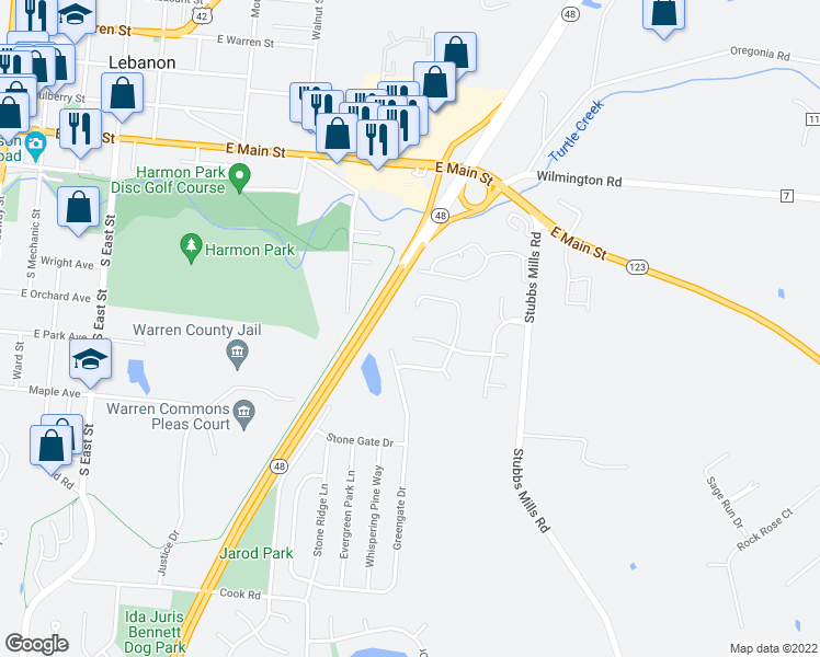 map of restaurants, bars, coffee shops, grocery stores, and more near 434 Little Creek Drive in Lebanon