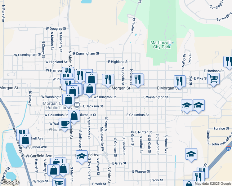 map of restaurants, bars, coffee shops, grocery stores, and more near 489 East Morgan Street in Martinsville