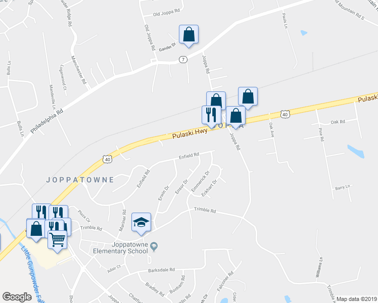 map of restaurants, bars, coffee shops, grocery stores, and more near 414 Enfield Road in Harford County