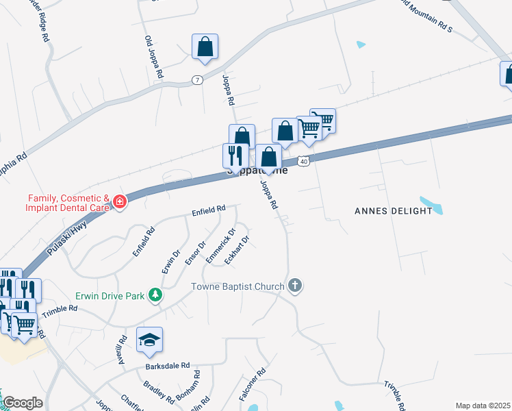 map of restaurants, bars, coffee shops, grocery stores, and more near 1032 Joppa Road in Joppatowne