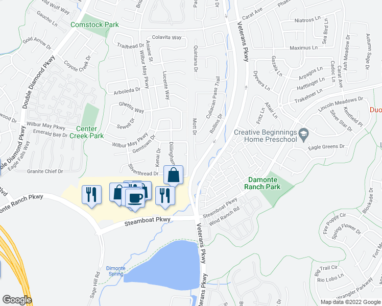 map of restaurants, bars, coffee shops, grocery stores, and more near 10445 Mott Drive in Reno
