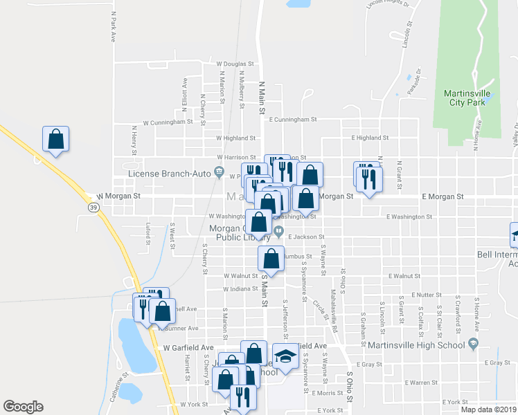 map of restaurants, bars, coffee shops, grocery stores, and more near 44 North Main Street in Martinsville