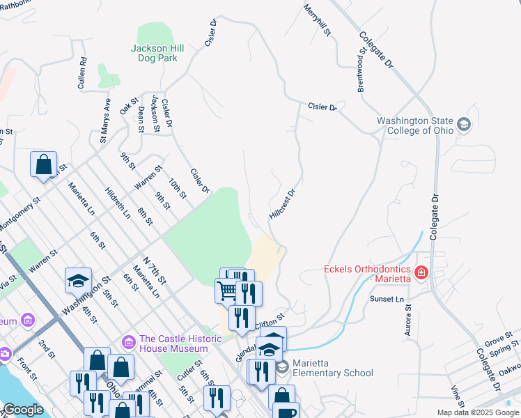 map of restaurants, bars, coffee shops, grocery stores, and more near 101 Hillside Way in Marietta