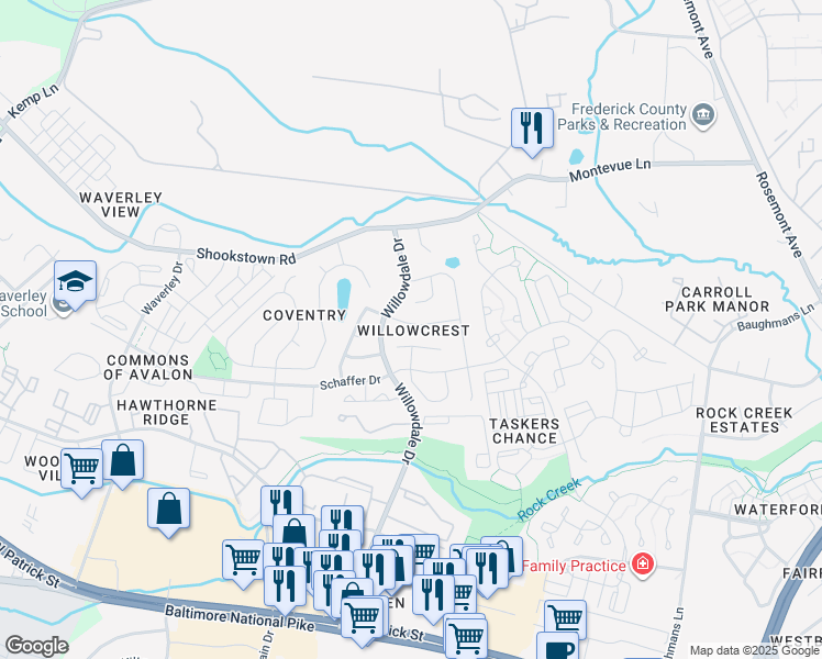 map of restaurants, bars, coffee shops, grocery stores, and more near 1190 Codorus Street in Frederick