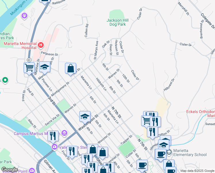 map of restaurants, bars, coffee shops, grocery stores, and more near 627 8th Street in Marietta