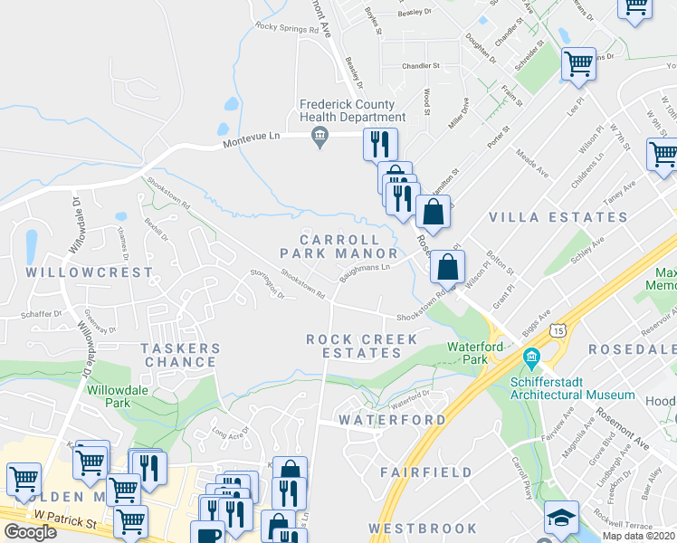 map of restaurants, bars, coffee shops, grocery stores, and more near 1600 Jennings Court in Frederick
