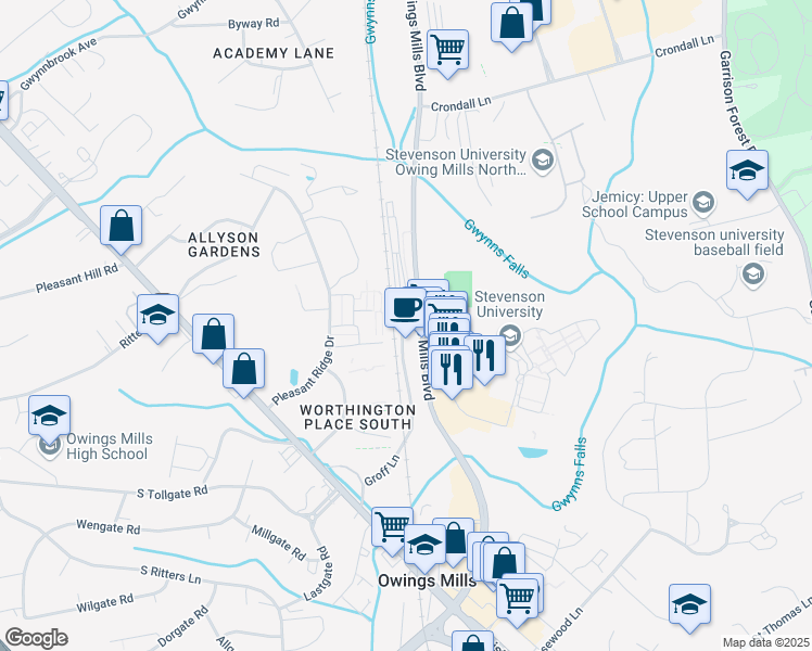 map of restaurants, bars, coffee shops, grocery stores, and more near 11002 Owings Mills Boulevard in Owings Mills