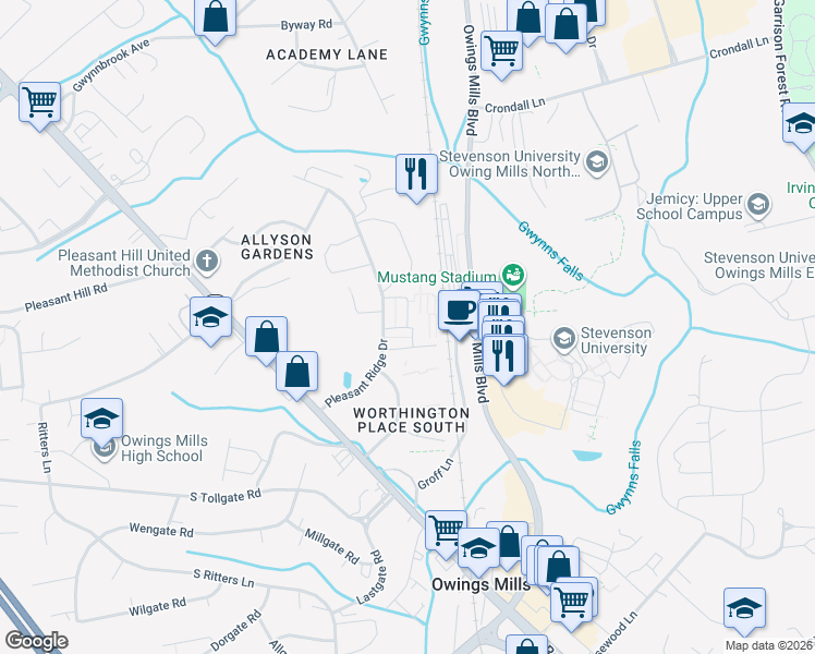map of restaurants, bars, coffee shops, grocery stores, and more near 9 Footlight Lane in Owings Mills