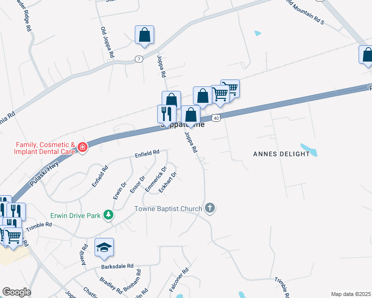 map of restaurants, bars, coffee shops, grocery stores, and more near 1032 Joppa Road in Joppatowne