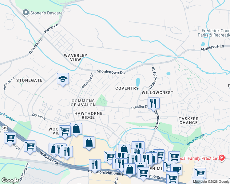 map of restaurants, bars, coffee shops, grocery stores, and more near 1217 Palladian Way in Frederick