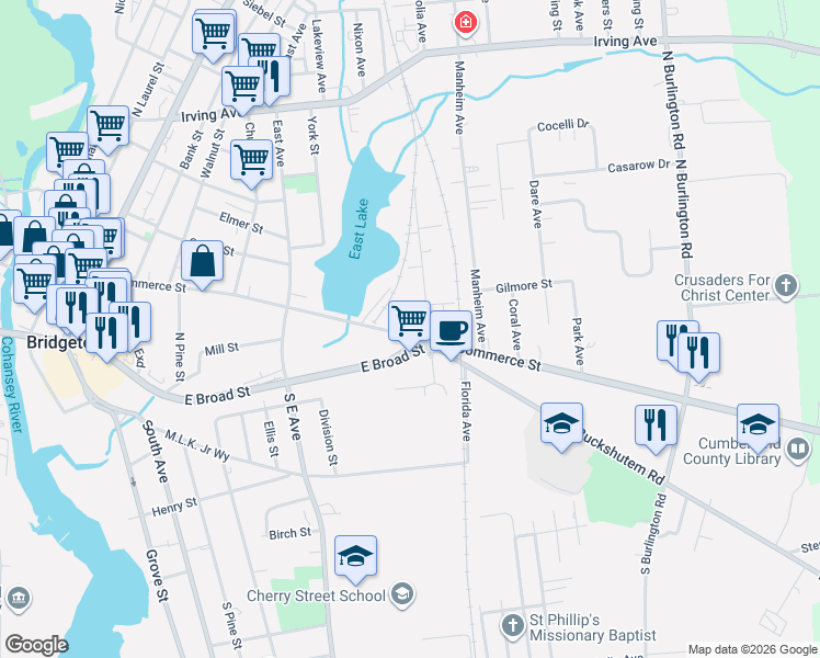 map of restaurants, bars, coffee shops, grocery stores, and more near 481 East Commerce Street in Bridgeton