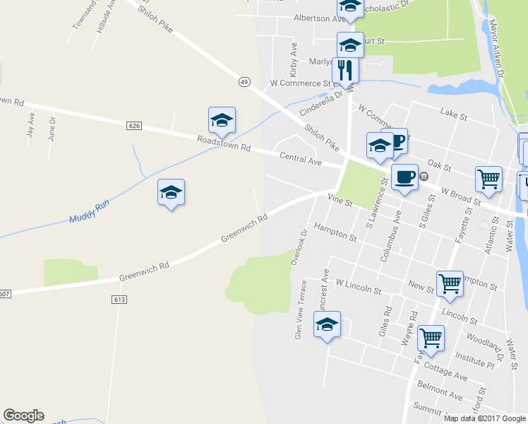 map of restaurants, bars, coffee shops, grocery stores, and more near 335 Greenwich Road in Bridgeton