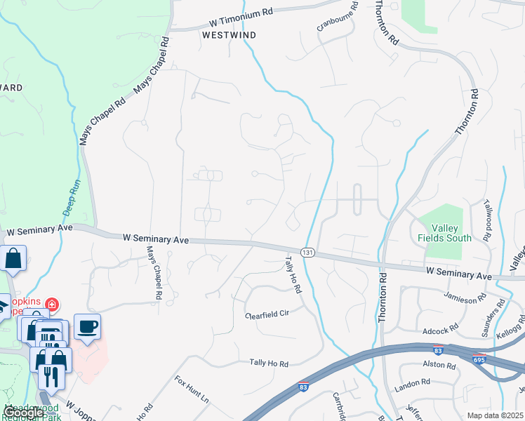 map of restaurants, bars, coffee shops, grocery stores, and more near 3 Old Elm Court in Lutherville-Timonium