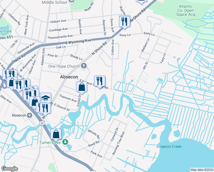 map of restaurants, bars, coffee shops, grocery stores, and more near 172 East Faunce Landing Road in Absecon