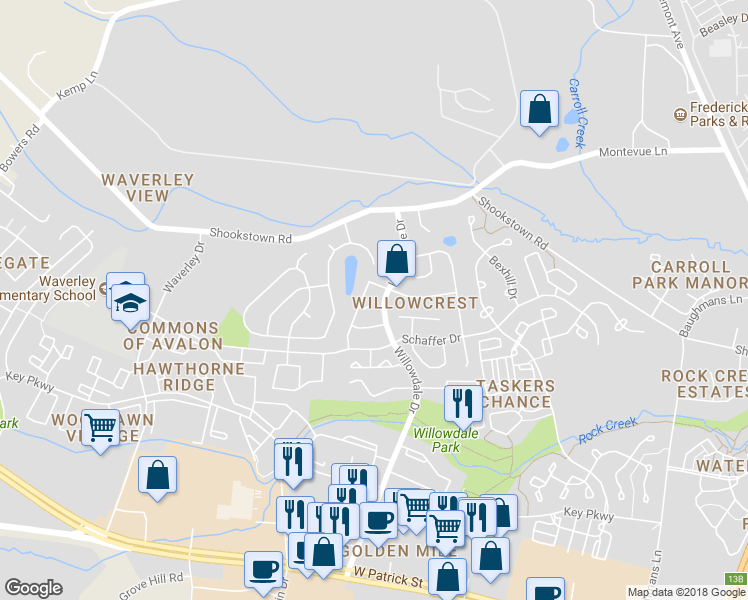 map of restaurants, bars, coffee shops, grocery stores, and more near 1207 Markel Circle in Frederick