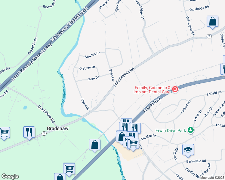 map of restaurants, bars, coffee shops, grocery stores, and more near 121 Philadelphia Road in Harford County