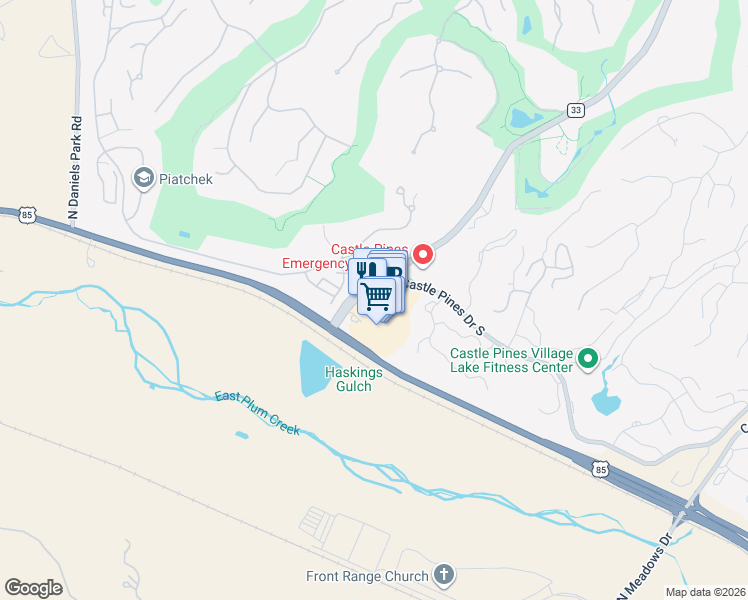 map of restaurants, bars, coffee shops, grocery stores, and more near 856 West Happy Canyon Road in Castle Rock
