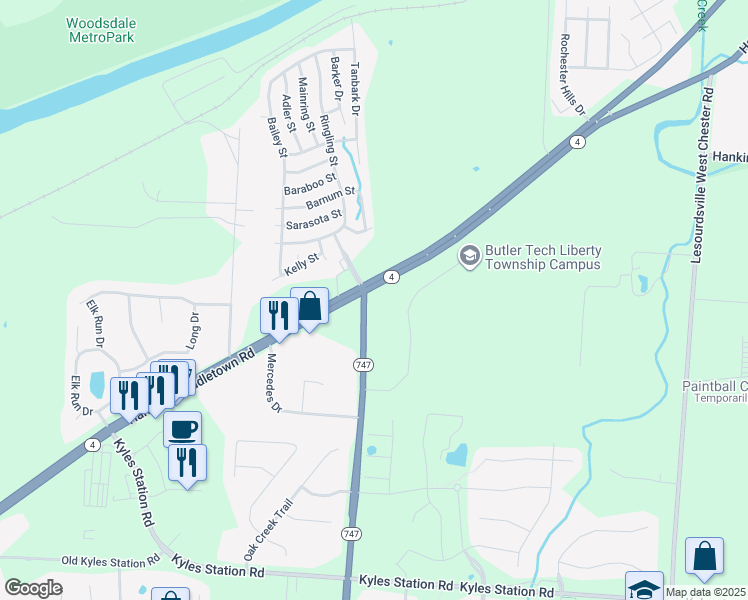 map of restaurants, bars, coffee shops, grocery stores, and more near 5042 Princeton Glendale Road in Butler County